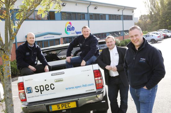 William Hair, Craig Wright, Mike Middleton and Stephen Lancaster of SPEC Limited outside of their new office at The Hub in Washington.