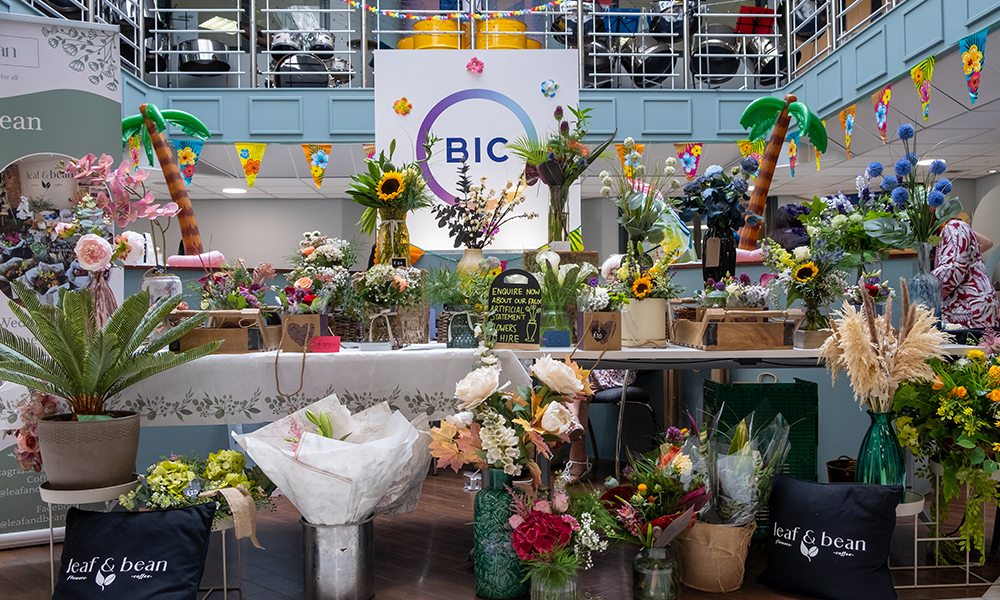 Pop-up flower stall in the BIC atrium.